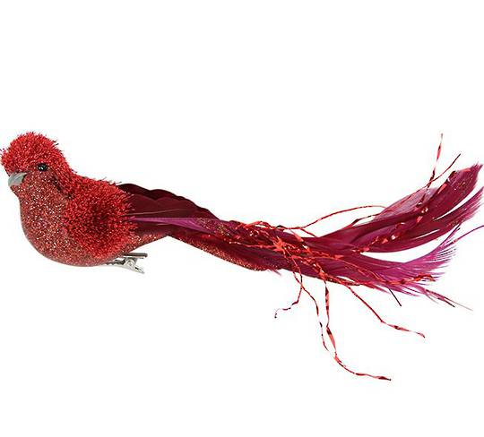 Clip, Red TwoTone Feather Bird 14cm